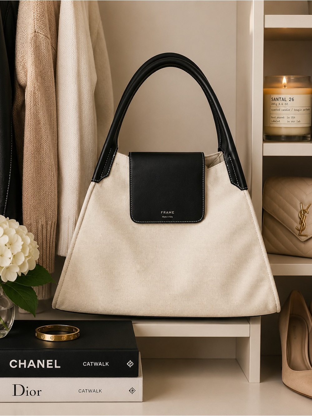FRAME Canvas Tote Bag with Black Leather Trim - Women
